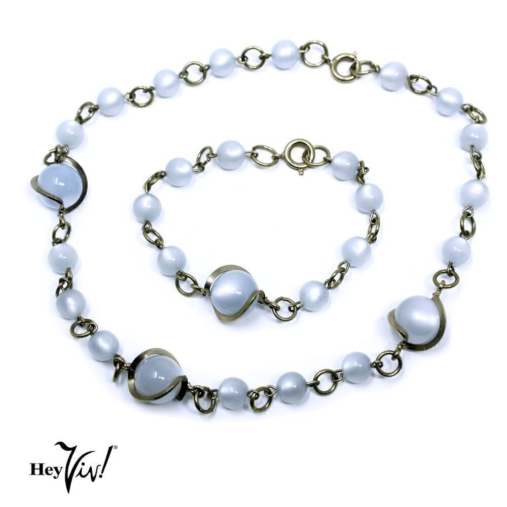 Vintage Necklace & Bracelet Set Glowing Blue Beads w Metal Swirl - Hey Viv